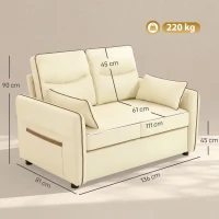 HOMCOM 2-Sitzer-Sofa aus Kunstleder mit dicker Polsterung, Seitentasche und 2 Kissen, 136x81x90 cm, Beige(m-3)