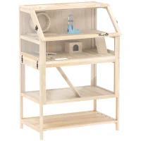 PawHut Cușcă pentru hamster din lemn 3 etaje Cușcă pentru rozătoare cu podea detașabilă Raft Roată Balansoar Rampă Căsuță 80x53x117cm Lemn natural(m-1)