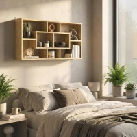 HOMCOM Etajeră de perete decorativă Raft pentru cărți, CD-uri cu 8 cuburi 85x14,5x47,5 cm Stejar(m-5)