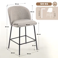 HOMCOM Lot de 2 Tabourets de Bar avec Dossier et Repose-Pieds, Revêtement en Tissu et Pieds en Acier, Gris(m-3)