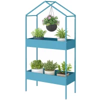 Outsunny 2-stufiger Metall-Pflanzenständer in Hausform mit Haken, 75x35x150 cm, Blau Grün(m-6)