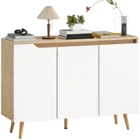 HOMCOM Sideboard Wohnzimmer, Aufbewahrungsmöbel, 3 Türen, verstellbare Einlegeböden und Hevea-Holzbeine, 107x35x76,5cm, Weiß und Eiche(m-8)