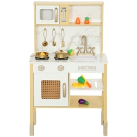 AIYAPLAY Cuisinette en bois avec sons, accessoires en acier inoxydable, légumes à découper, dorée