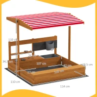 Outsunny Sandkasten aus Holz für Kinder mit verstellbarem Dach und Spielküchen-Zubehör Spiel für Kinder 3-7 Jahre 114x110x110 cm Braun(m-3)