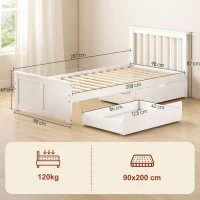 HOMCOM Cadre de lit simple, cadre en bois, tiroirs sur roulettes, pas de sommier nécessaire, 90 x 200 cm, Blanc(m-3)