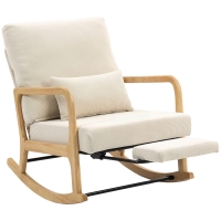 HOMCOM Fauteuil à bascule nordique avec repose-pieds dossier réglable velours pieds en bois et accoudoirs coussin crème