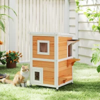 PawHut Außen-Katzenhaus aus Fichtenholz, 2 Ebenen mit aufklappbarem Dach, herausnehmbarem Mittelteil, 51x51x81,3 cm, Natur(m-2)