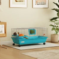 PawHut Cușcă pentru Animale Mici cu Roți Sticlă Bol Distribuitor de Fân pentru Iepuri și Porcușori de Guineea 89x44x43 cm Albastru(m-2)