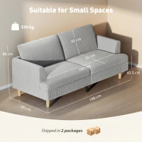 HOMCOM Canapea 3 locuri, canapea cu brațe, tapițată cu aspect corduroy pentru living, Gri deschis(m-3)