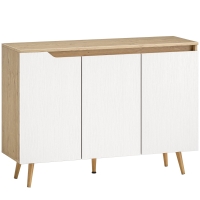 HOMCOM Sideboard Wohnzimmer, Aufbewahrungsmöbel, 3 Türen, verstellbare Einlegeböden und Hevea-Holzbeine, 107x35x76,5cm, Weiß und Eiche