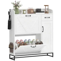 HOMCOM Schmaler Schuhschrank mit 2 Klappschubladen Verstellbare Einlegeböden für 12 Paar für wenig Platz 106,7x26x116cm Weiß(m-7)