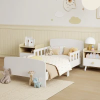 AIYAPLAY Lit pour Enfants 3-8 Ans Bas avec Barrières Latérales et Bords Lisses, en Bois, 143.5x74.2x54 cm, Blanc(m-4)
