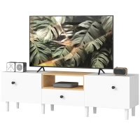 HOMCOM TV-Möbel bis 177,8 cm mit 2 Klapptüren, Schublade und offenem Fach, Holz, 150x35x45 cm, Weiß und Holzoptik(m-6)