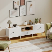 HOMCOM Meuble TV max 177,8 cm avec 2 Portes à Abattant, Tiroir et Étagère Ouverte, en Bois, 150x35x45 cm, Blanc et Couleur Bois(m-5)