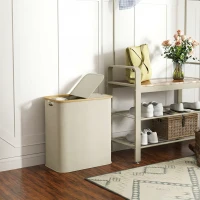 HOMCOM Doppelt faltbarer Wäschekorb 80 l, Wäschetonne mit Deckel, gerillte Griffe, beige(m-4)