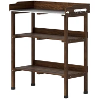 Outsunny Masă de grădină din lemn cu suprafață metalică, rafturi și cârlige pentru grădină, terasă 76x37x89 cm Carbonizat(m-1)