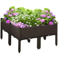 Outsunny Set di 4 Pezzi Fioriera Rialzata con Fori di Drenaggio, Effetto Rattan, 40x40x44 cm, Marrone(m-6)