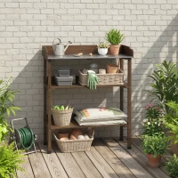 Outsunny Masă de grădină din lemn cu suprafață metalică, rafturi și cârlige pentru grădină, terasă 76x37x89 cm Carbonizat(m-4)