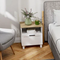 HOMCOM Moderner minimalistischer Nachttisch mit Schublade und offenem Fach, aus Holz, 45x38x50 cm, Weiß und Holzfarbe(m-5)