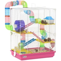 PawHut Hamsterkäfig mit Tunnel Plattformen Futterschale Trinkflasche Häuschen Rampen und Laufrad 46x30x58 cm Rosa(m-7)