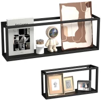 HOMCOM Lot de 2 étagères murales, capacité 15 kg, pour montage mural, acier, noir(m-6)