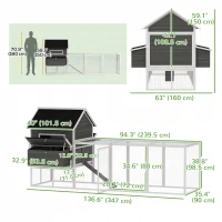 PawHut Coteț pentru găini din lemn cu volieră cuib acoperiș din șindrilă tavă glisantă pentru 8-10 găini 347x160x150 cm Gri închis(m-3)