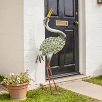 Outsunny Gartenskulpturen, Reiher-Skulptur aus Metall, Vogelstatuen 71 cm, für Hof, Teich, Terrasse, Grün(m-6)