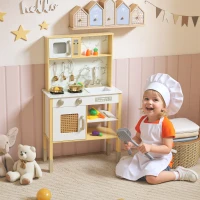 AIYAPLAY Cuisinette en bois avec sons, accessoires en acier inoxydable, légumes à découper, dorée(m-2)
