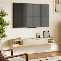 HOMCOM Meuble TV Suspendu avec Tiroir à Abattant 2 Étagères Ouvertes Gestion des Câbles 140x24x16 cm Bois naturel(m-5)