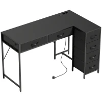 HOMCOM Eckschreibtisch mit 6 Schubladen, seitlichem Haken und integrierten Steckdosen, Holz und Stahl, 126x48x80 cm, Schwarz(m-1)