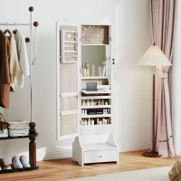 HOMCOM Schmuckspiegel mit LED-Leuchten Schmuckschrank mit Ganzkörperspiegel und verstellbarem Winkel Schubladen Klappbare Innenablage Weiß(m-5)