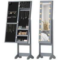 HOMCOM Miroir Coffre à Bijoux avec LED Armoire à Bijoux Armoire à Bijoux sur Pied Miroir Intégral Angle Réglable Gris(m-6)