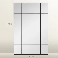 HOMCOM Wandspiegel im Verrière-/Fensterstil, rechteckig, horizontal oder vertikal, mit 4 Haken, schwarzes Metall - 90x60 cm(m-3)