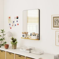 HOMCOM Oglindă de perete 80 x 60 cm cu raft din lemn, oglindă dreptunghiulară modernă cu ramă metalică, negru(m-6)