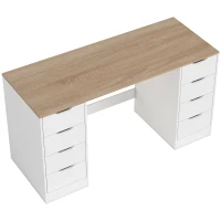 HOMCOM Bureau 140 cm, 8 tiroirs, bureau pour home office, chambre, acier, bois, blanc(m-7)