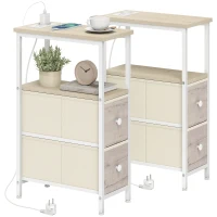 HOMCOM Lot de 2 Tables d'Appoint Étroites avec Prise CA Port USB Port USB-C 2 Tiroirs en Tissu Bois naturel(m-6)