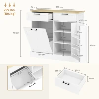 HOMCOM Bufet de bucătărie cu compartiment coș 38 L, mobilier depozitare bucătărie, 2 sertare, suport condimente și blat, alb(m-3)
