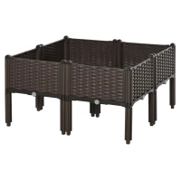 Outsunny Set di 4 Pezzi Fioriera Rialzata con Fori di Drenaggio, Effetto Rattan, 40x40x44 cm, Marrone(m-5)