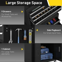 HOMCOM 3-w-1 Skrzynka na narzędzia, jezdna szafka na narzędzia z 4 kołami, zamykana skrzynka na narzędzia z 9 szufladami, stal, czarna(m-4)