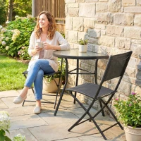 Outsunny Ensemble Bistro d'Extérieur, Mobilier de Patio 3 Pièces avec Chaises Pliantes, Table en Verre Semi-Circulaire, Noir(m-9)