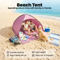 Outsunny Pop up Beach Tent, UV 50+ Sun Shelter with Carry Bag, 2x1.5m for 2-3 Person, Pink(m-4)