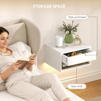 HOMCOM Zestaw stolików nocnych 2 szt. z oświetleniem RGB-LED, unoszący się stolik nocny z szufladą i otwartą półką, biały(m-6)