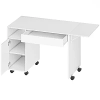 HOMCOM Computerschreibtisch auf Rollen, Schreibtisch mit Klappe, Schublade, Schrank und Fach, 130 x 58 cm, Weiß(m-1)