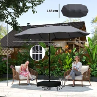 Outsunny Umbrelă Dublă cu 12 Spițe, Manivelă, Bază Metalică și Saci de Nisip, din Metal și Poliester, 3x1.5 m, Gri Închis(m-3)