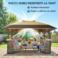 Outsunny Gazebo pliabil 4x4 m cu 4 plase laterale anti-țânțari, acoperiș dublu și saci cu nisip, culoare kaki și maro(m-4)