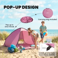 Outsunny Pop up Beach Tent, UV 50+ Sun Shelter with Carry Bag, 2x1.5m for 2-3 Person, Pink(m-5)