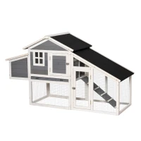 PawHut Poulailler cottage cage à poules surélevé dim. 176L x 65l x 100H cm multi-équipement toit bitumé noir bois sapin gris blanc(m-11)