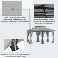 Outsunny Foișor 4x3 m cu 6 Perdele și Acoperiș cu 2 Niveluri, din Oțel și Poliester, Gri Închis(m-6)