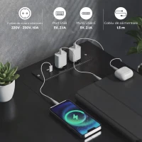 HOMCOM Birou de Colț Reversibil cu Prize de Curent și Porturi USB, 126 x 48 cm, Birou în Formă de L cu 6 Sertare din Material Textil, Cârlig Lateral, pentru Computer, Birou, Studiu, Acasă, Negru(m-5)