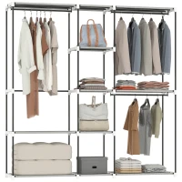 HOMCOM Kleiderschrank 182x43x185 cm Offener Schrank mit 8 Stoffregalen Kleiderstangen Metallrahmen Hellgrau(m-7)